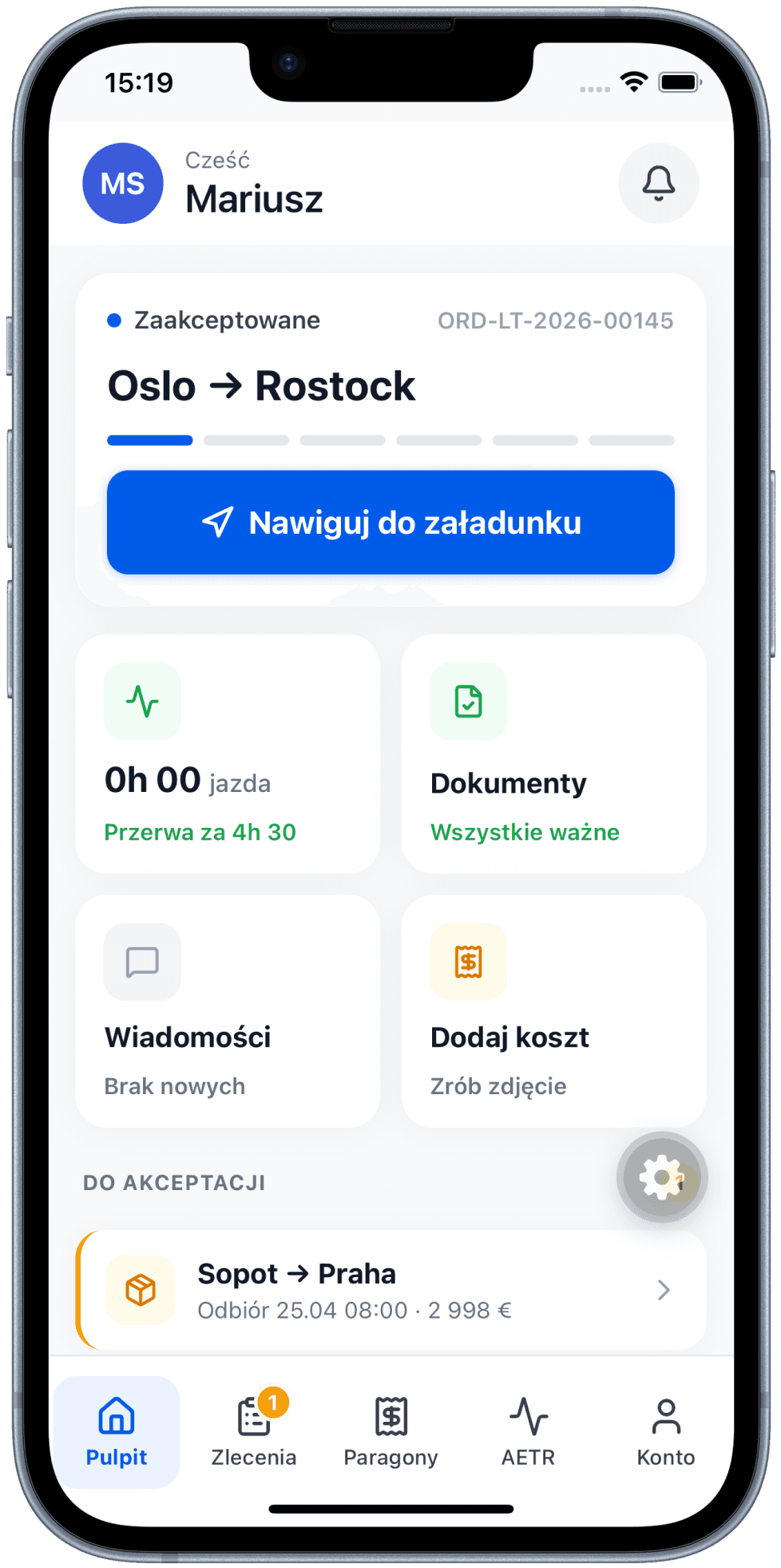 Aplikacja mobilna BusiKM Kierowca na iPhonie - pulpit ze zleceniem Oslo → Rostock